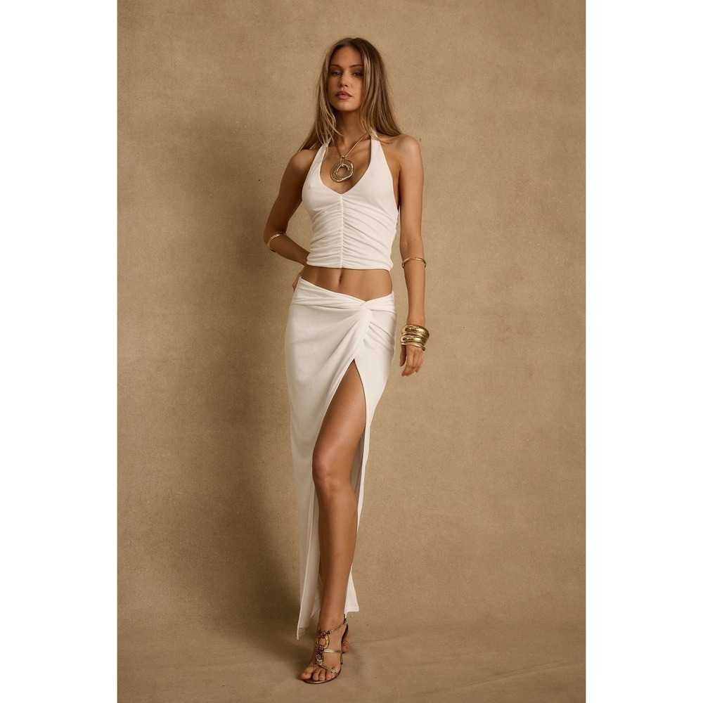 12th Tribe Toulouse Twist Front Slit Maxi Skirt L White Minimalist Boho Festival